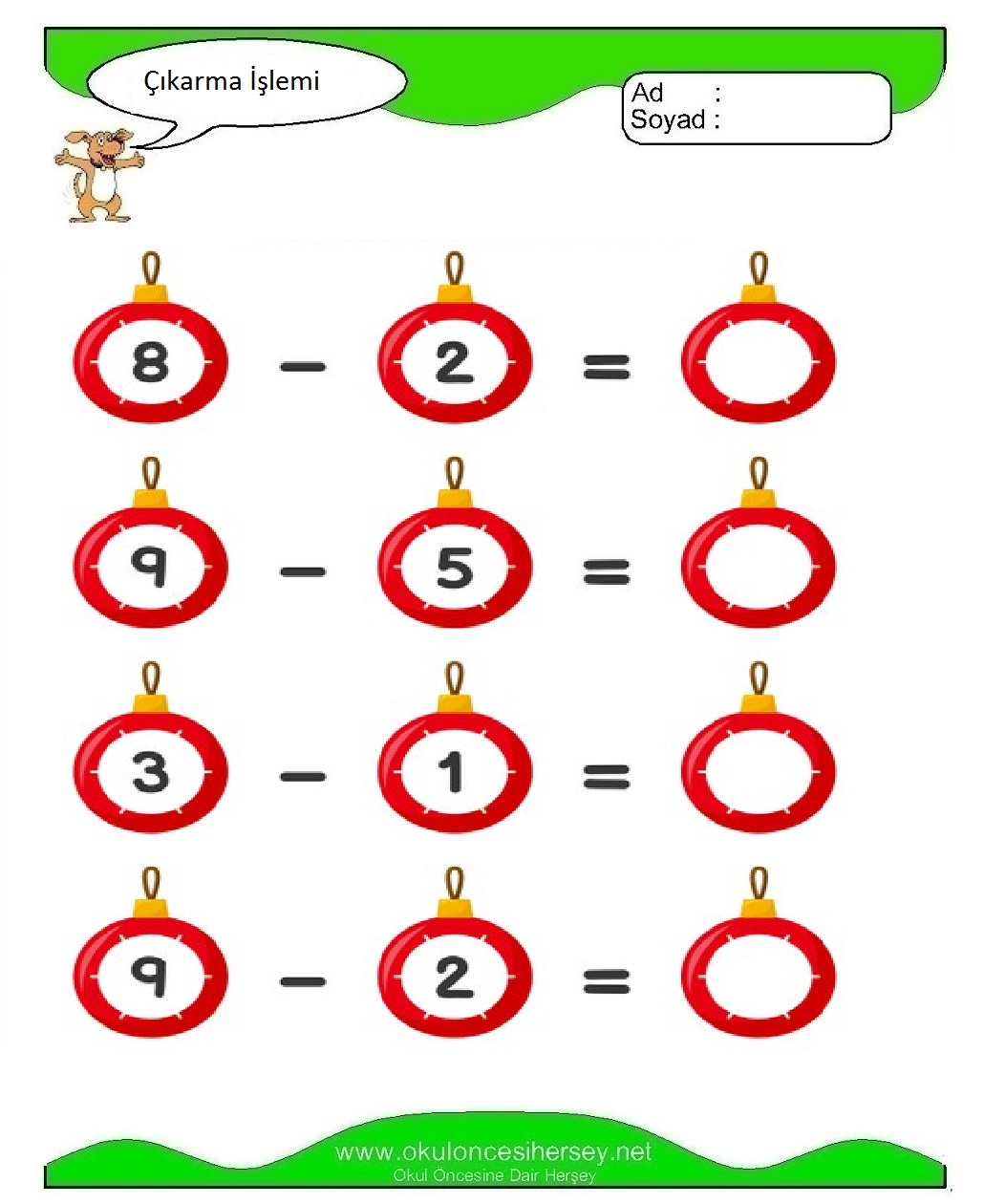 okul öncesi çocuklar için Çıkarma İşlemi çalışma sayfaları